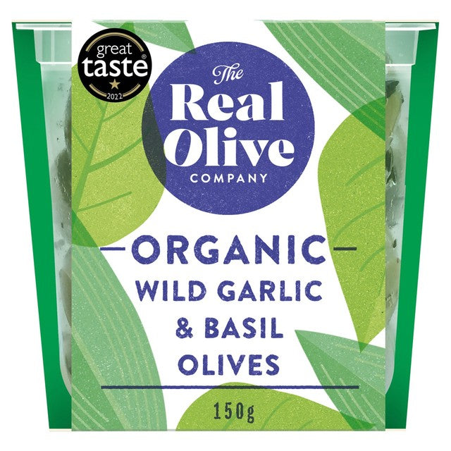 The Real Olive Co. Organic Wild Garlic & Basil Pitted Olives 150g, imported from the UK