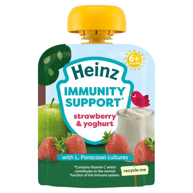 Heinz baby food pouches with strawberry and yogurt for immune support, UK version