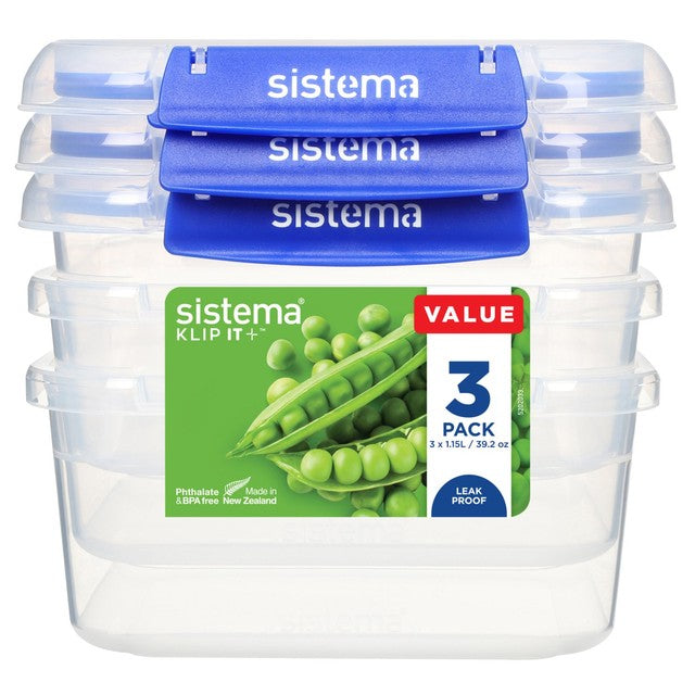 Sistema Square Klip It Plus food storage containers 1.15L 3 pack (British brand)