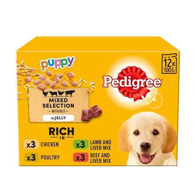 Pedigree puppy wet dog food pouches mixed in jelly 12x100g, imported from the UK