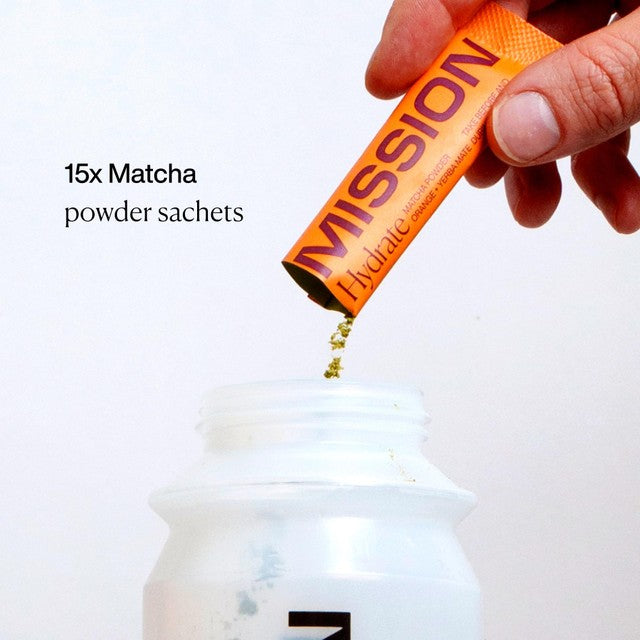 MISSION Hydrate Matcha Powder Sachets with Orange and Yerba Mate, imported from the UK