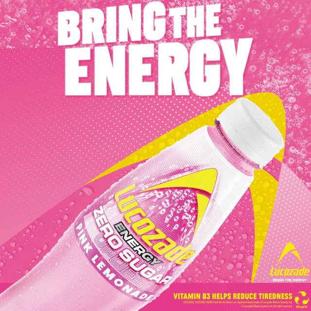 Lucozade energy drink Zero Sugar Pink Lemonade 4x380ml, imported from the UK