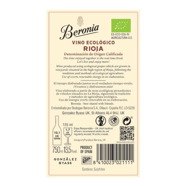 Beronia Organic Rioja Spanish red wine 75cl - British product