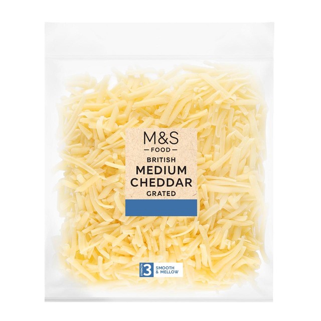 M&S medium grated cheddar cheese 250g, imported from the UK