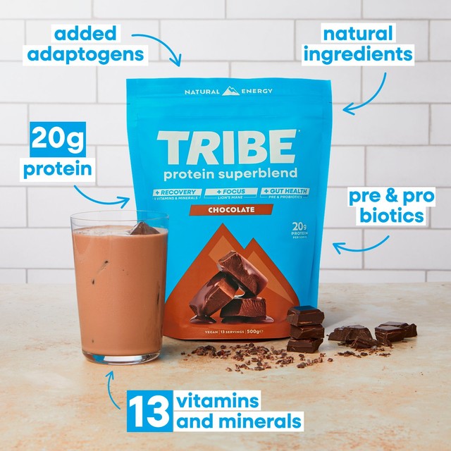 TRIBE Superblend Chocolate protein powder, imported from the UK