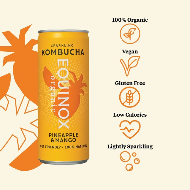 Equinox organic pineapple mango kombucha can, imported from the UK