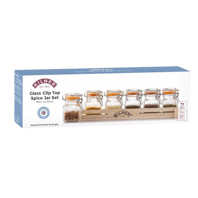 Kilner glass clip top spice jar set with wooden crate, 70ml jars, UK version