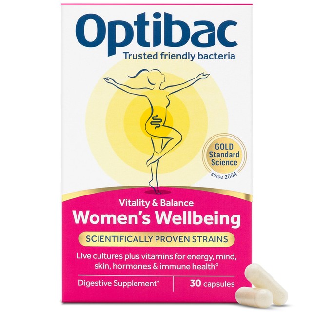 Optibac probiotics women's wellbeing supplement capsule jar, UK version