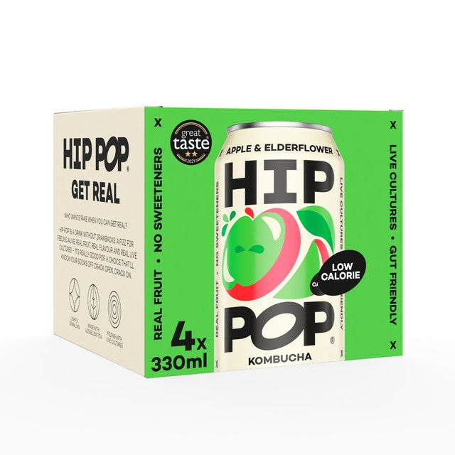 Hip Pop apple and elderflower kombucha drink 4 x 330ml, UK version