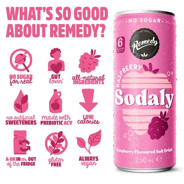 Remedy Sodaly Raspberry soft drink can 250ml - British product