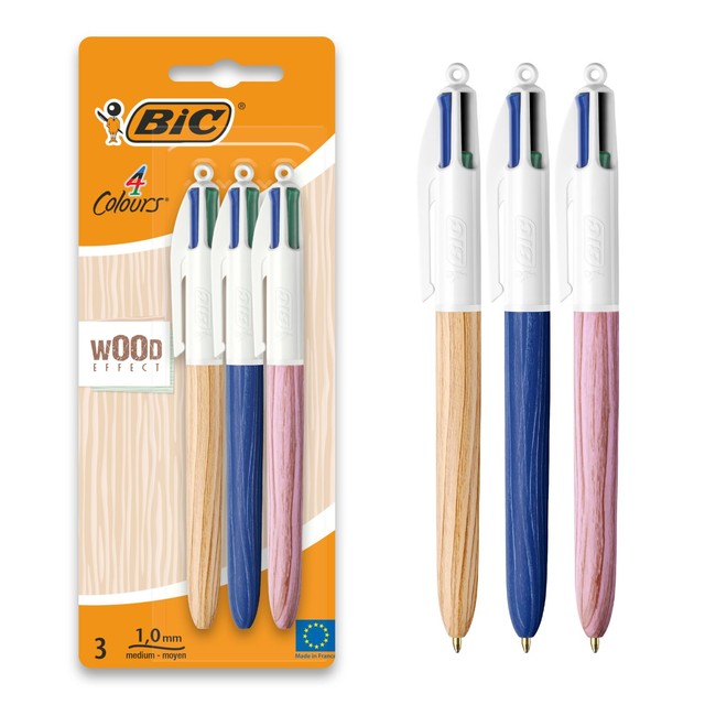 BIC 4 Colours Wood retractable ballpoint pens pack of 3, imported from the UK