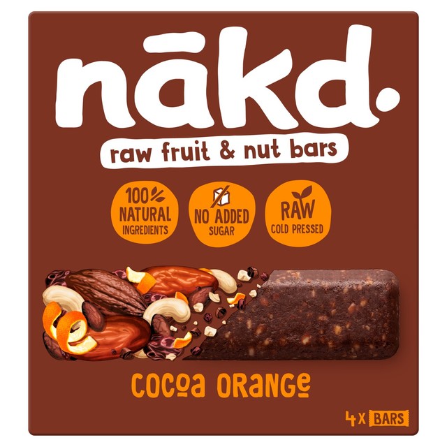 Nakd Cocoa Orange snack bars multipack 4 x 35g, imported from the UK