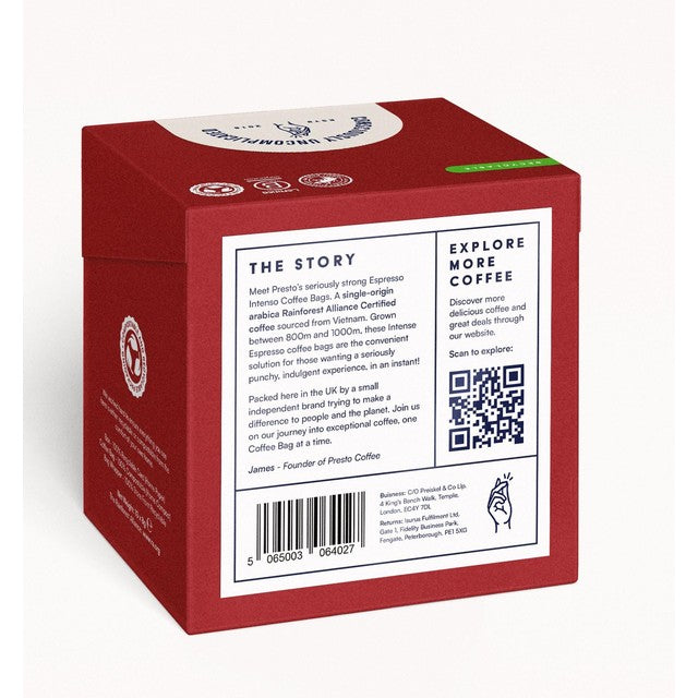 Presto Espresso Intenso coffee bags 10 pack, imported from the UK