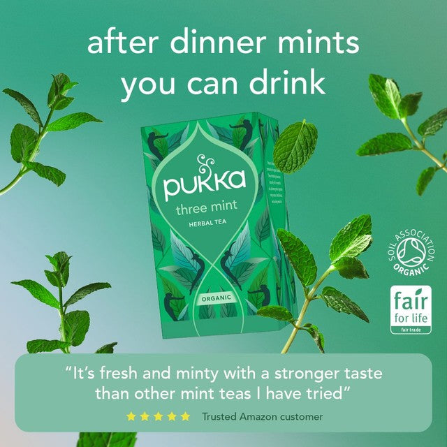 Pukka Three Mint Tea with Peppermint herbal tea bags 20 pack, imported from the UK
