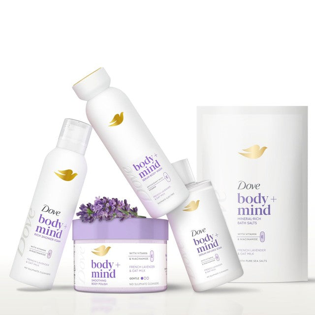 Dove Body and Mind French Lavender and Oat Milk body wash, imported from the UK