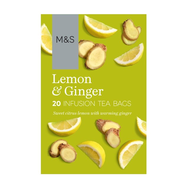 M&S lemon and ginger infusion herbal tea bags 20 tea bags, imported from the UK