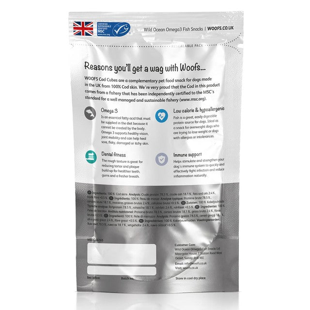 Woofs cod cubes dog treats 100g with 100% natural MSC fish (British brand)
