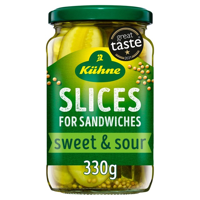 Kuhne sweet and sour gherkin sandwich slices 330g, UK version