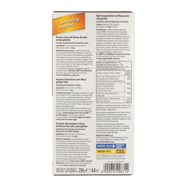 Le Veneziane gluten free lasagne sheets 250g, UK version