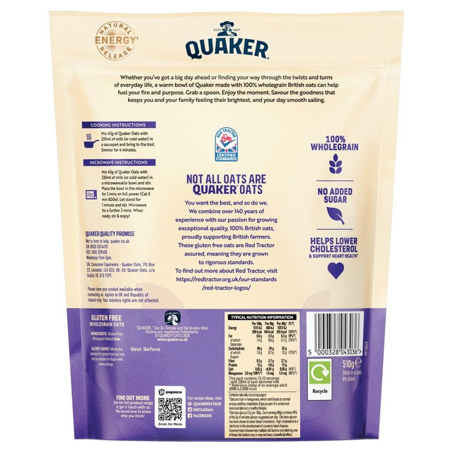 Quaker Gluten Free Oats Cereal 510g, imported from the UK