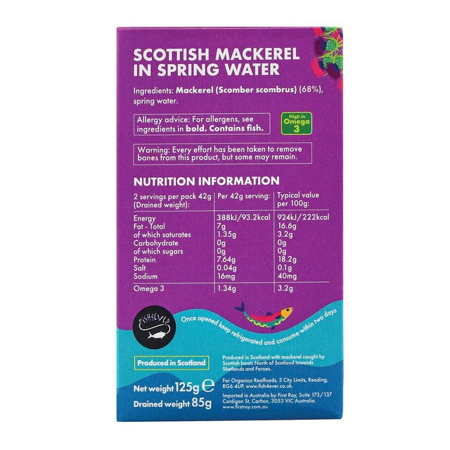 Fish 4 Ever canned mackerel in spring water 125g - British product