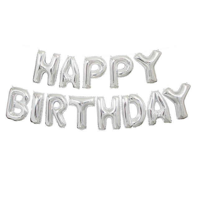 Unique Party Silver Happy Birthday foil balloon banner kit (British brand)