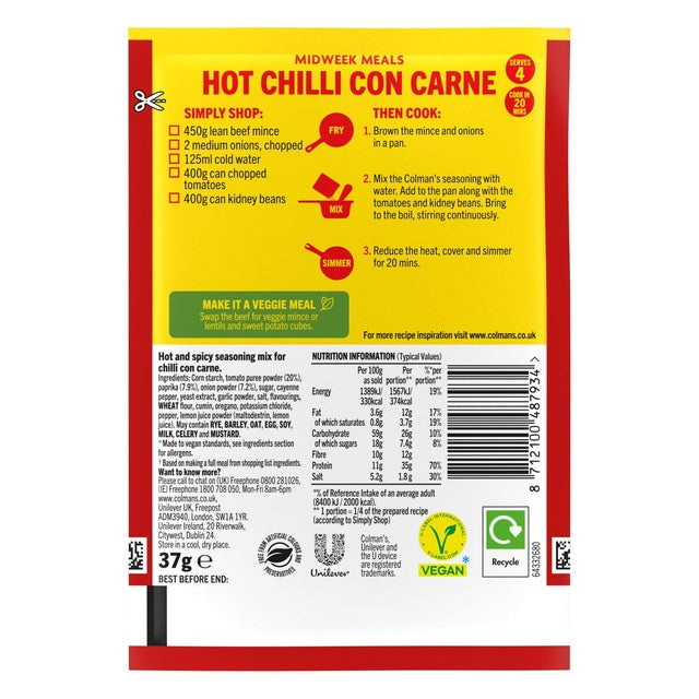 Colman's Hot Chilli Con Carne Recipe Mix 37g - British product