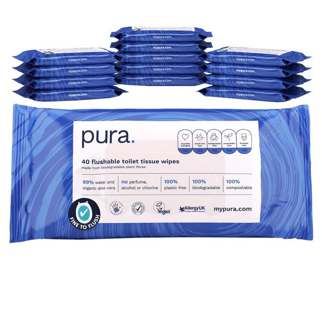 Pura flushable toilet tissue wipes multipack, imported from the UK