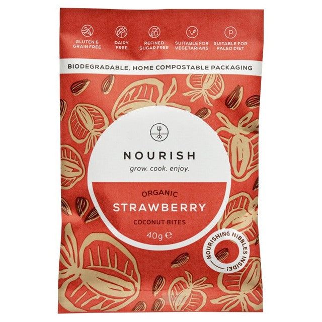 Nourish Strawberry Coconut Bites 40g, imported from the UK