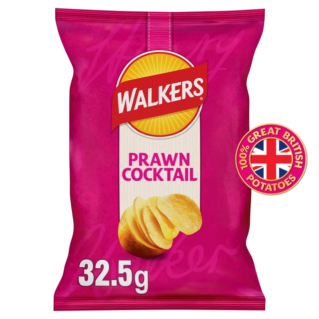 Walkers Prawn Cocktail crisps bag, 32.5g (British brand)
