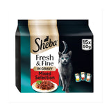 Sheba wet cat food pouches with chicken, beef, and duck varieties, 15 x 50g (British brand)