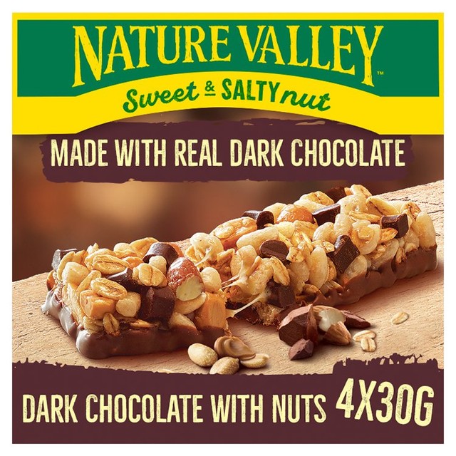 Nature Valley sweet and salty nut dark chocolate with peanuts cereal bars 4 x 30g, imported from the UK