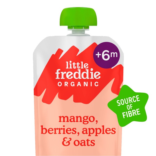 Little Freddie baby food pouch mango berries apples oats, UK version