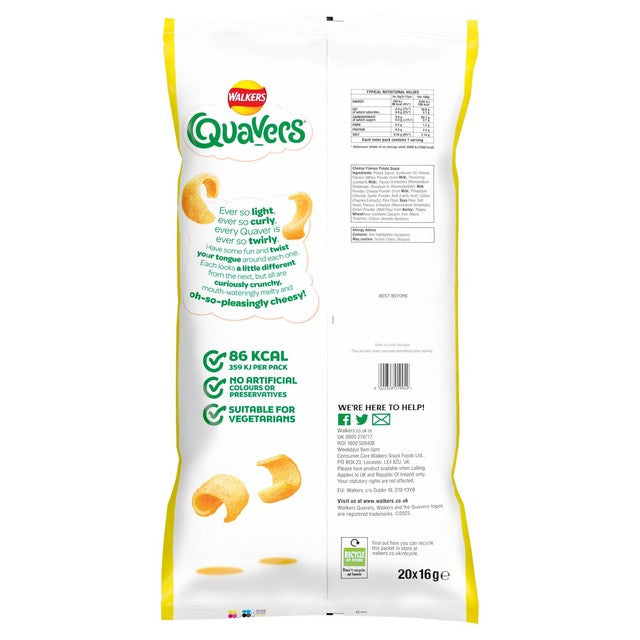 Walkers Quavers cheese flavour potato snacks multipack 20 x 16g (British brand)