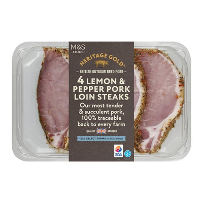 M&S M&S Heritage Gold 4 شرائح لحم فخذ خنزير بريطاني مربى في الهواء الطلق بالليمون والفلفل 512 جرام - اشترِ عبر الإنترنت من McGrocer