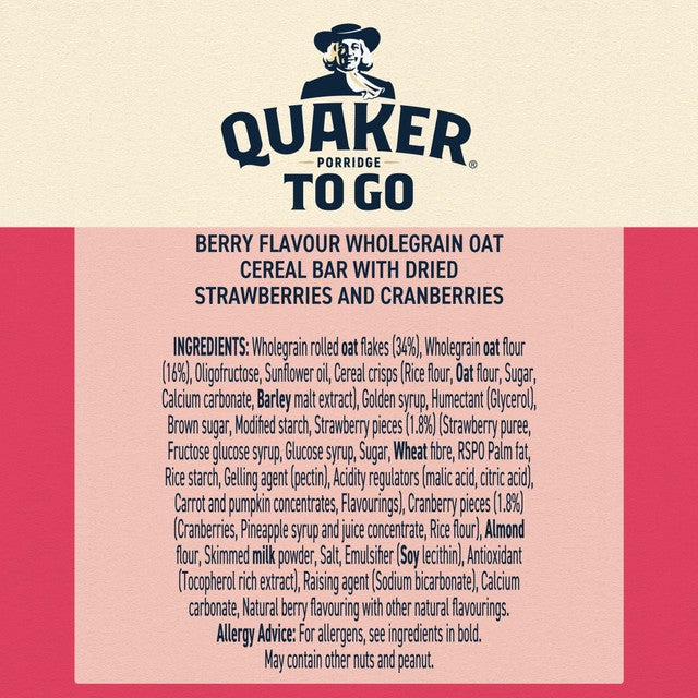 Quaker porridge breakfast bar mixed berries 2 pack, imported from the UK