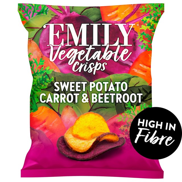 Emily Veg Crisps Rainbow Roots Sweet Potato, Carrot & Beetroot vegetable crisps 30g - British product