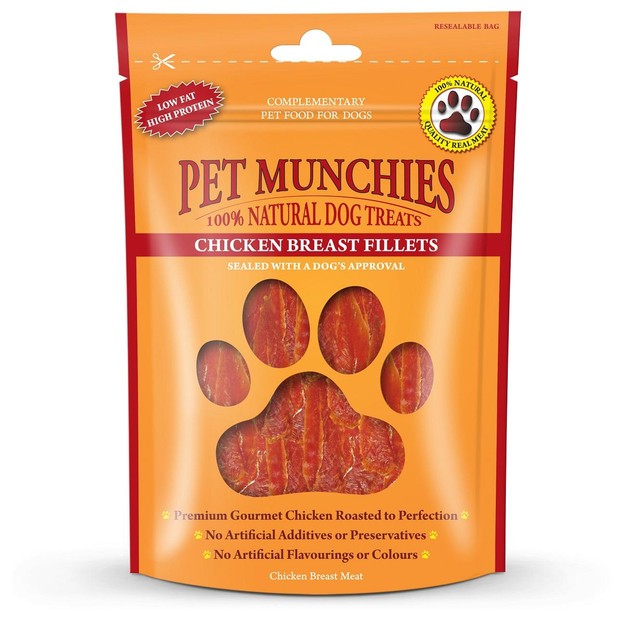 Pet Munchies chicken breast fillets dog treats 100g, imported from the UK