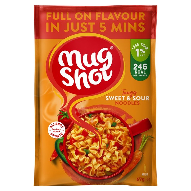 Mug Shot sweet and sour noodles sachet 67g, imported from the UK