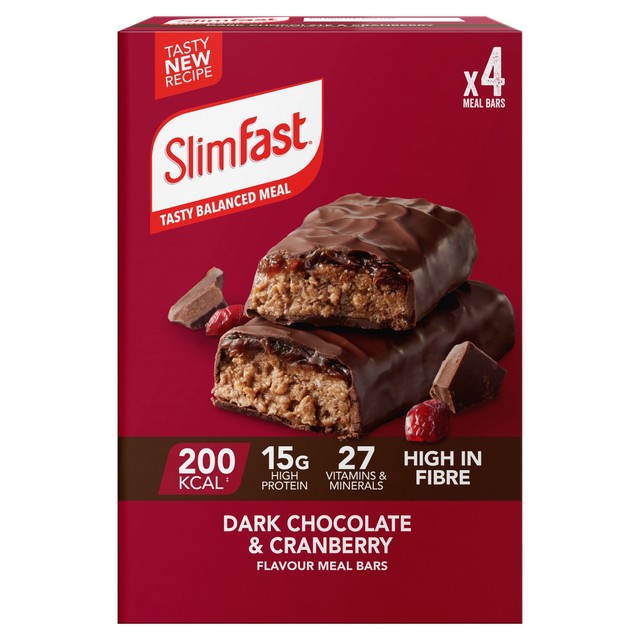 Slim Fast dark chocolate cranberry meal replacement bars 4 x 60g (British brand)