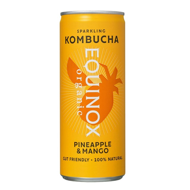 Equinox organic pineapple mango kombucha can, imported from the UK