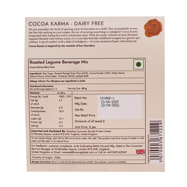 Lumara Cocoa Karma roasted chana sattu dairy-free hot chocolate mix 40g, UK version