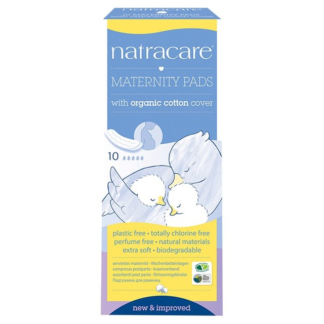 Natracare maternity pads with organic cotton cover 10 pack, imported from the UK