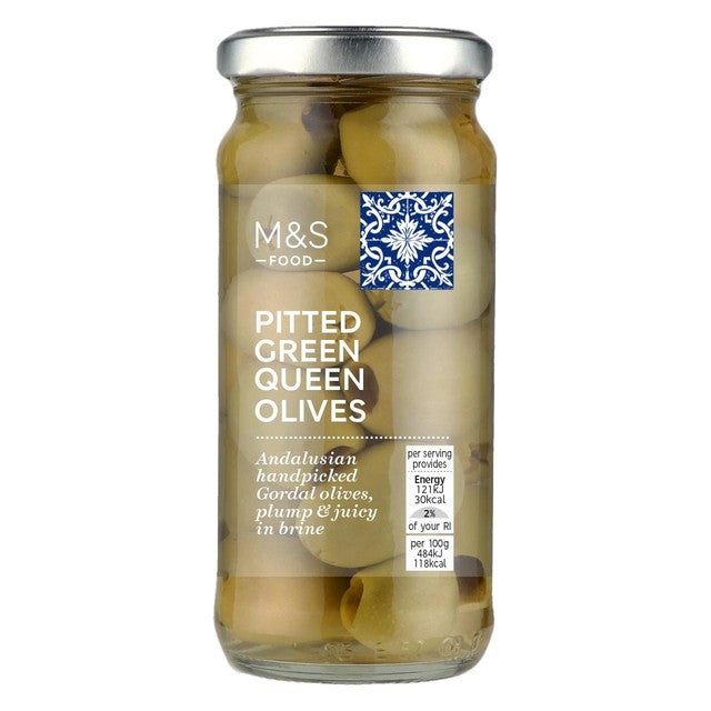 M&S pitted green queen olives in brine 225g, imported from the UK