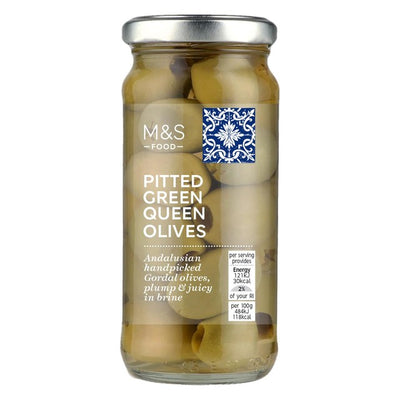 M&S M&S Pitted Green Queen Olives in Brine 225g- Buy online at McGrocer