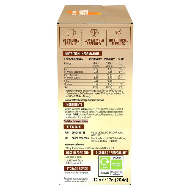Nescafe caramel latte instant coffee 12 sachets, imported from the UK