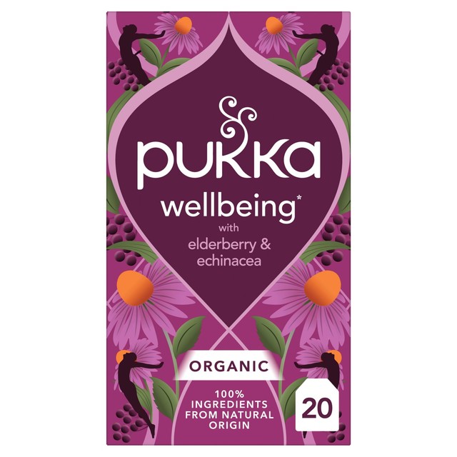 Pukka Herbs Elderberry and Echinacea fruit tea 20 compostable tea bags, imported from the UK