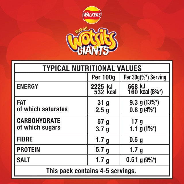 Wotsits Giants baked corn puffs sweet and spicy Flamin' Hot flavour 130g (British brand)