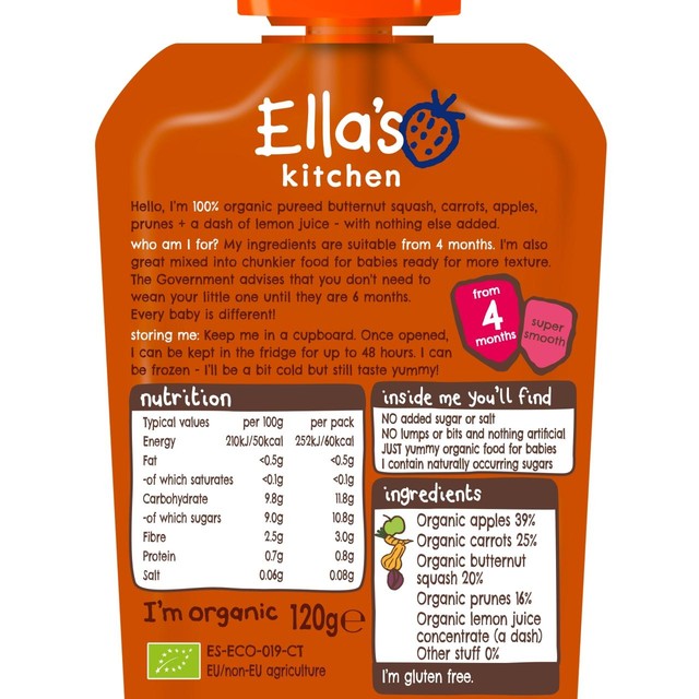Ella's Kitchen baby food pouch with squash, carrots, apples, prunes 120g - British product