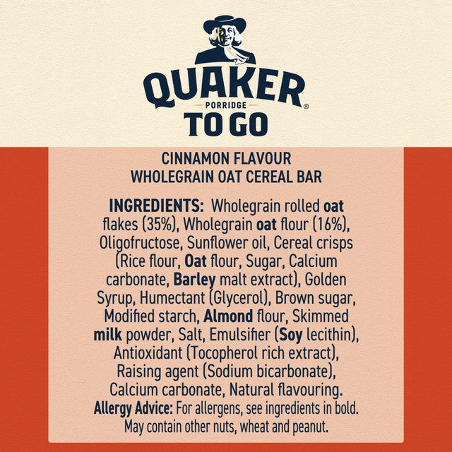 Quaker Cinnamon Cereal Breakfast Bars, imported from the UK